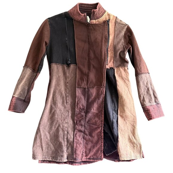Avatar Boho Patchwork Zip Front Asymmetrical Jacket Women's Hippie Brown Black - Picture 1 of 12